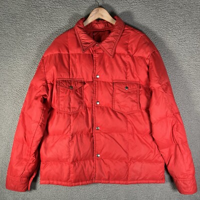 Mountain Goat White Stag Puffer Jacket Down Red Snap Up VTG 80s Mens XL
