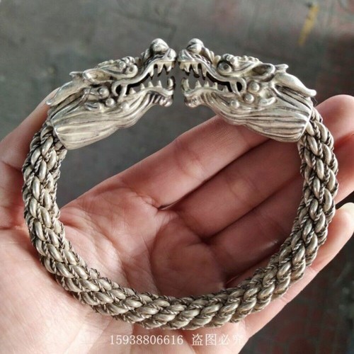 Old Tibet Silver Handmade Double Dragon Head Silver Bracelet Men's Bracelet 1115 - Picture 2 of 5