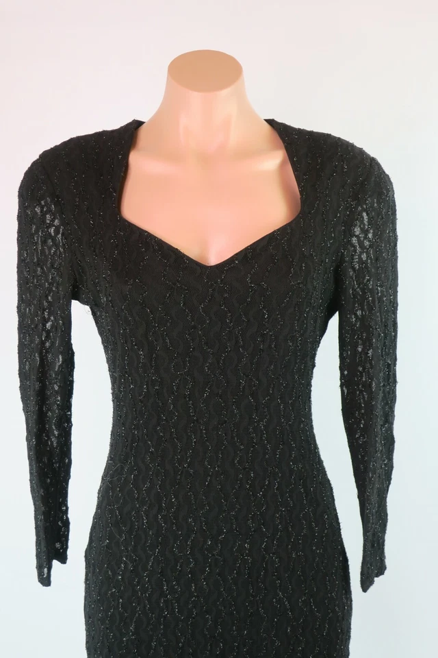 Vestido De Colección Años 80 Niki Livas Negro Bodycon Ilusión Metálica Slv Fiesta Baile de graduación UNION 6 Foto 3 de 4