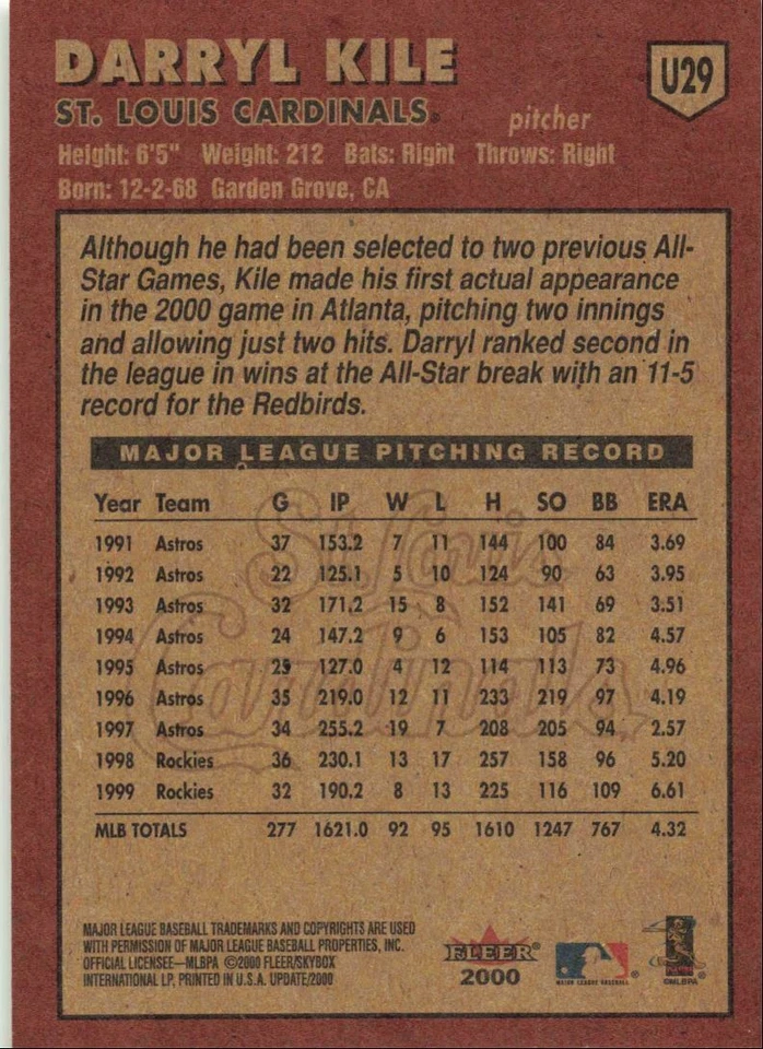 2000 Fleer Tradition Update Darryl Kile St. Louis Cardinals #U29 - Image 2 of 2