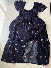 Gap Womens XL Navy Floral Smocked Short Sleeve Midi Dress slit