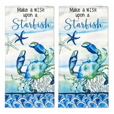Set of 2 MAKE A WISH UPON A STARFISH Crab Terry Kitchen Towels by Kay Dee