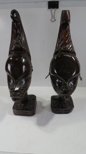 Hand Carved 11"T Tribal African Wood Head Sculptures Statues Metal Wire Jewelry