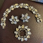 Vtg Leaf Design Brooch Bracelet Clip Earrings Set Gold/Silver Sarah Coventry — photo 2