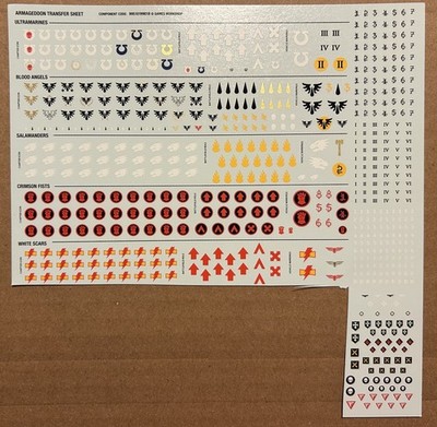 40k Armageddon Transfer Sheet / Decals    Space Marines 11th ed.    Free Ship