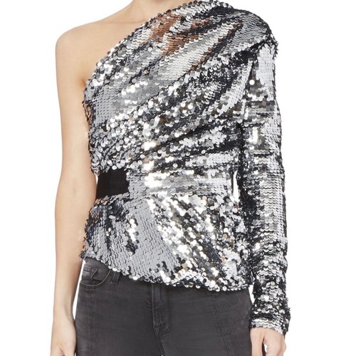 CARVEN One Shoulder Sequin Top Womens 2 Silver Black Draped Peplum Long Sleeve - Picture 3 of 18