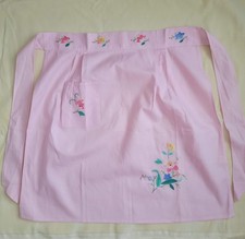 Vintage 1950s Pink Floral Hostess Apron Embroidered Cotton Midcentury NOS