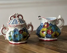 Anthropologie Creamer Pitcher and Sugar Set Vintage Flowers Floral Style EUC!