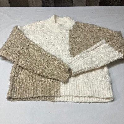 Abercrombie & Fitch Tonal Patchwork Dolman XS Cable Knit Sweater Cream Fisherman