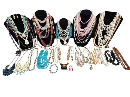 Vintage Beaded Costume Jewelry Lot - Gemstone, Glass, Shell, Bone 47 Pieces