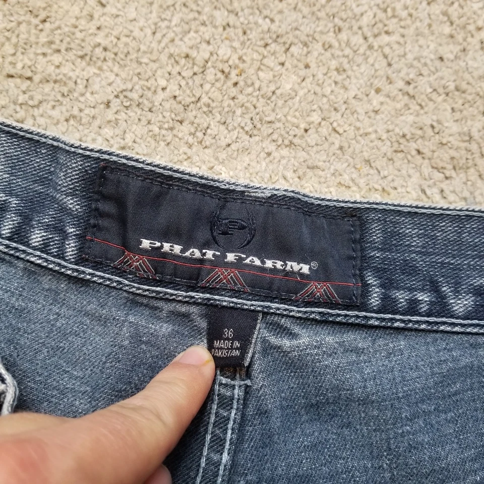 Pantalones Cortos De Colección Phat Farm Para Hombres 36 Azul Denim Sueltos Jean Jorts Y2K Patinador Hip Hop Foto 3 de 4