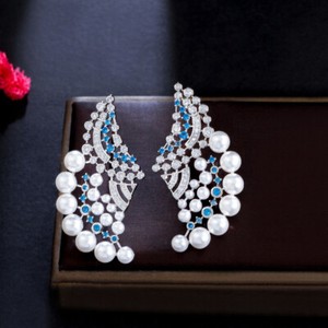 Authentic Sexy White Gold Plated Blue CZ Big Pearl Dangle Earrings for Women Wedding Party