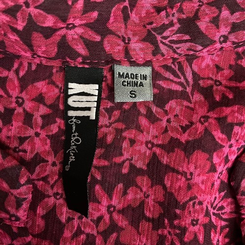Women's Kut from the Kloth Small Burgundy Floral Button Front Top Sheer Roll Tab - Picture 3 of 7