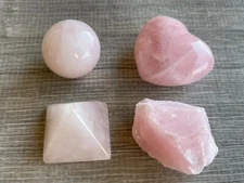 Grade A+ Rose Quartz Collection, 4 PCS w. Shape of Heart, Pyramid,Sphere and Raw