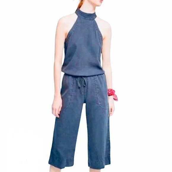 Cloth Stone Cotton Denim Jumpsuit M Drawstring Halter Crop Wide Legs  Pockets