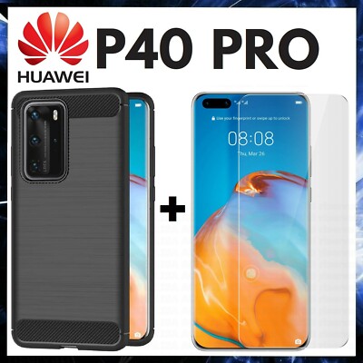 FOR HUAWEI P40 PRO SLIM COVER BLACK CARBON SHOCKPROOF + TEMPERED GLASS FILM