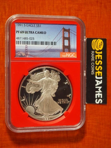 1991 S PROOF SILVER EAGLE NGC PF69 ULTRA CAMEO GOLDEN GATE BRIDGE LABEL RED CORE