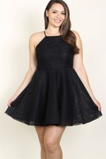 Womens Plus Size Black Lace Overlay Mini Dress 1XL Spaghetti Strap Skater Dress 
