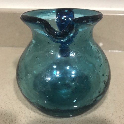 Hand Blown Small Clear Blue Glass 10 Ounce Pitcher - Picture 4 of 10