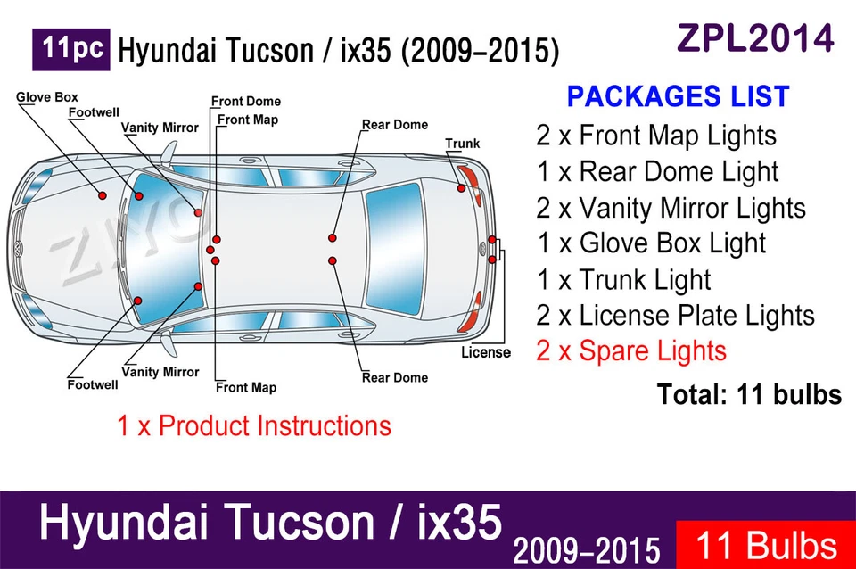 11pcs LED Interior Light Upgrade for Hyundai Tucson ix35 2009-2015 Light Bulbs — 第 2/4 张图片
