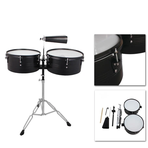 Glarry Percussion 13" 14" Timbales Drum Set with Stand and Cowbell Black Kit US - Picture 2 of 9