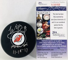WILL BUTCHER SIGNED NEW JERSEY DEVILS LOGO PUCK W/ 1ST NHL GOAL 11-18-17 JSA COA
