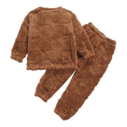 Kids Boys Girls Pajamas Set Solid Color Tops With Pants Round Neck Flannel Suit - Foto 63 di 72