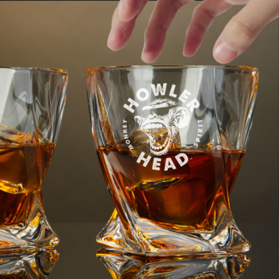 Custom Engraved Howler Head Whiskey Glass   10 oz Twisted Rocks Glass