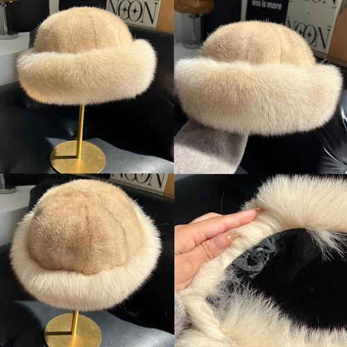 Women's Real Mink Fur Hat Bucket Hat Bowler Hat Warm Cap W Fox Fur Outdoor - Picture 14 of 44