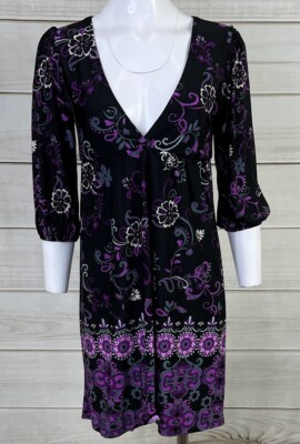 Hypnotized Women's Purple & Black V-Neck Dress Size Small 3/4 Sleeves EUC A5415