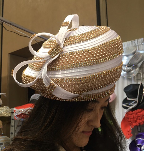 Wow! NEW CHARM NY White & Gold RHINESTONE HAT CHURCH "BLING" FORMAL