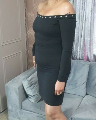 Schwarz Micro Mini kurzes Kleid Damen Langarm Ring mit tiefem Ausschnitt schulterfrei 