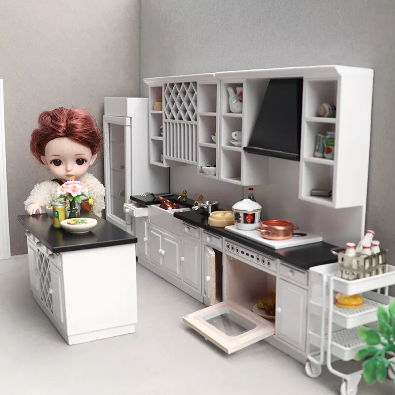 1:6 Scale Dollhouse Miniature Kitchen Wood Top White Cabinets