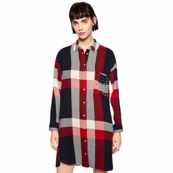 Zara Basic Collection Studded Plaid Flannel Pocke… - image 1