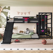 Kids Full Loft Bed w/ Basketball Hoop, Slide & Climbing Wall - Black