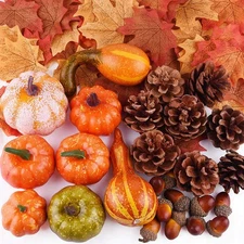 50PCS Pumpkin Fall Decor Tiered Tray Maple Leaves Pine Cones Acorn Mixed Harvest