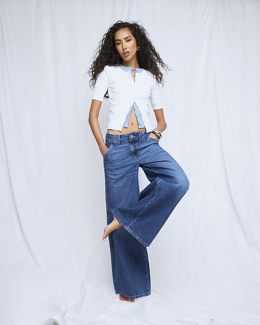 River Island Womens Wide Leg Jeans Blue Low Rise Palazzo Trousers Pants Bottoms