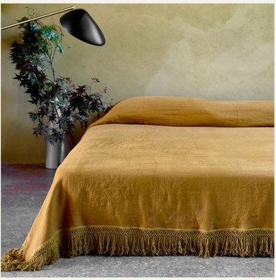 Once Milano Linen Bed Cover with Extra Long Fringe in Mustard - Queen