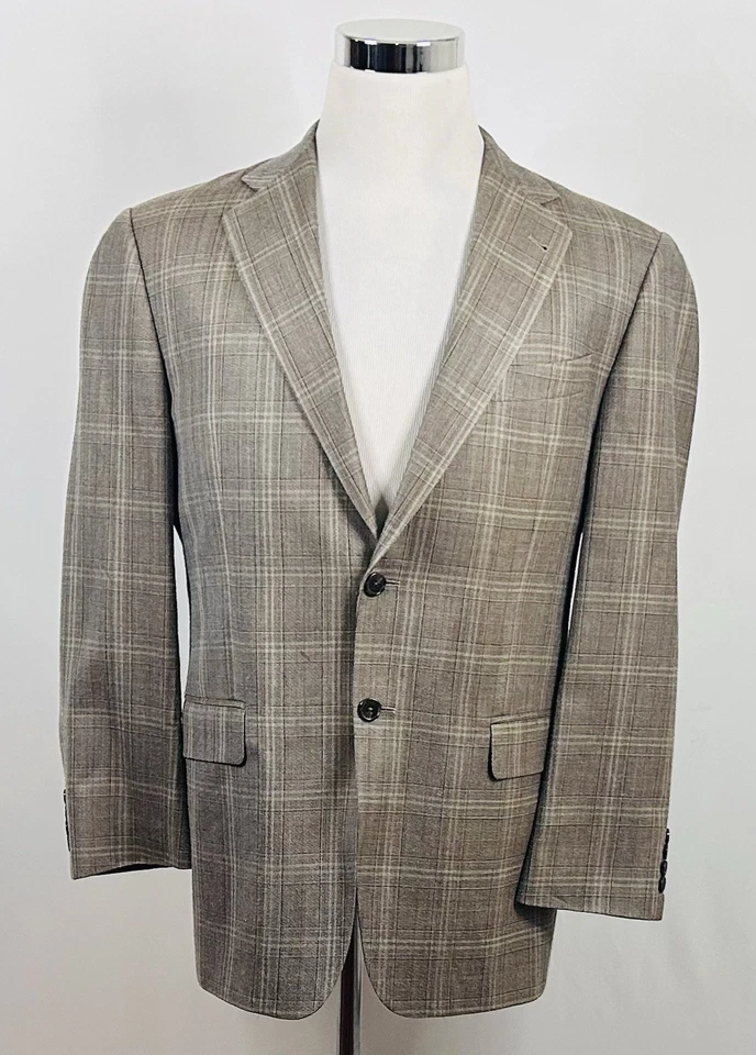 Joseph Abboud 40R Sport пальто 100% шерсти бежевый коричневый клетку две кнопки вентилируемый - Изображение 2 из 4