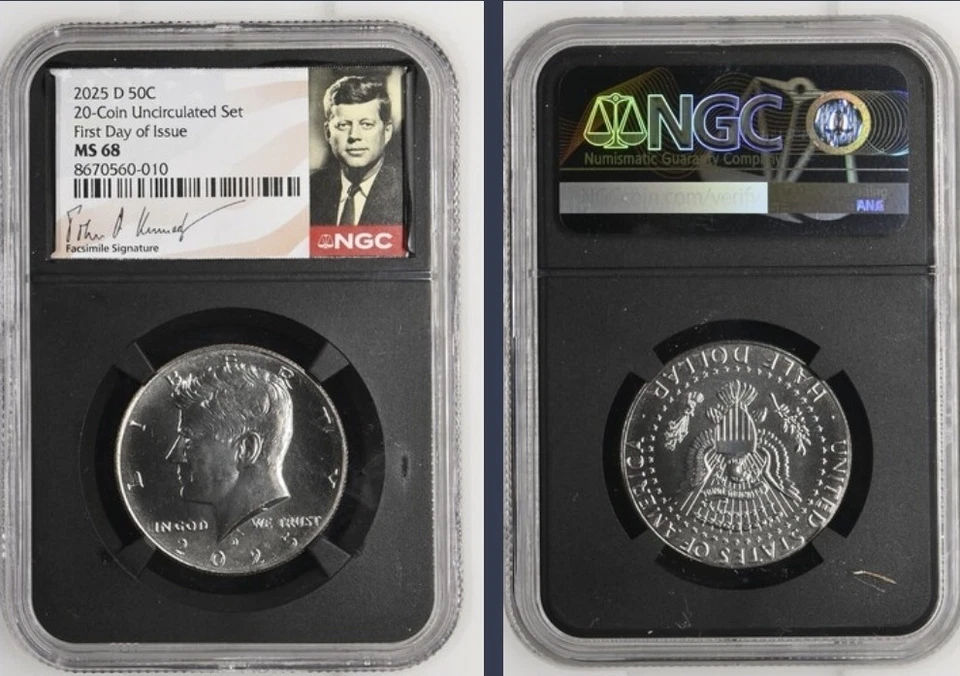2025 P & D KENNEDY NGC MS68 68 MEIO DÓLAR 2 CONJUNTO DE MOEDAS, PRIMEIRO DIA - 2 Conjunto de Moedas % - Imagem 4 de 4