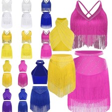 Women Tassel Chacha Samba Performance Rhinestone Dress Adult Shiny Ballet Party