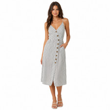 Urban Outfitters Dress Womens Small White Striped Linen Button Front Midi