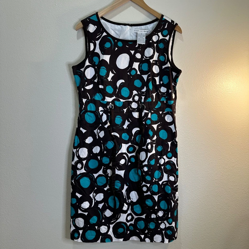 Vestido para mujer Madison Leigh talla 16 sin mangas verde azulado negro blanco círculos con cinturón Foto 3 de 4