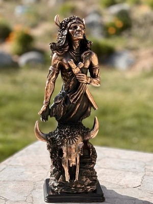 Tall Indian Warrior Copper Metal Finish Western Statue Peace Pipe  Buffalo