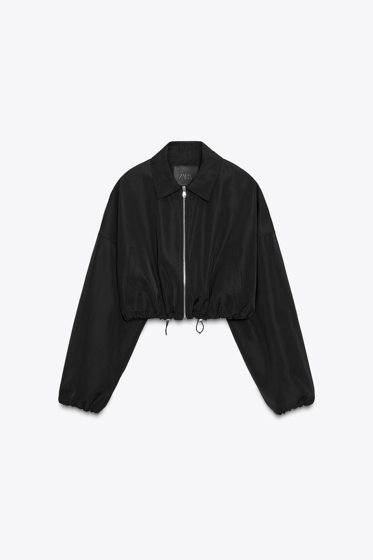 Zara Womens Short Crop Jacket Medium M Black Elastic Drawstring
