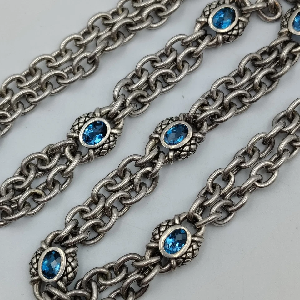 Scott Kay 925 Sterling Silver 18K Gold Accent Blue Topaz Stations Necklace 16" - Image 3 of 4