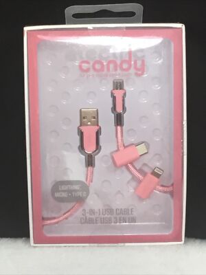 Electric Candy Lightning Micro + Type C Charger 3-in-1 USB 3 Foot Cable Pink New