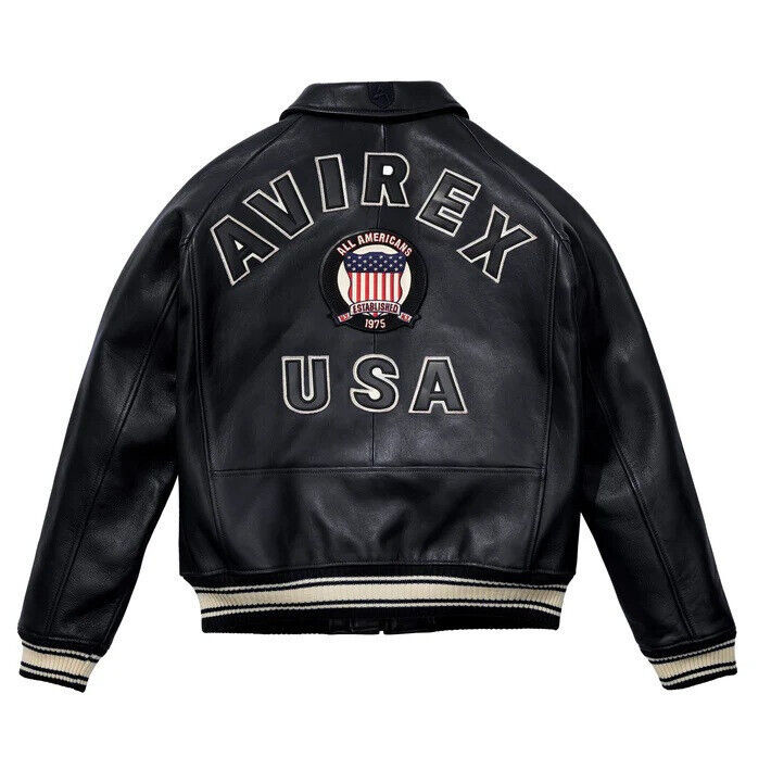 Avirex Hombre Negro Cuero Real Chaqueta de Bombardero American Flight Chaqueta de Cuero