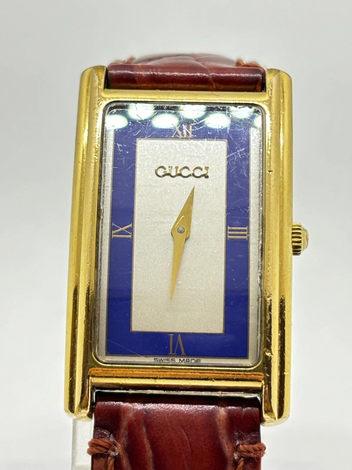 [Exc+5] Montre Femme GUCCI 2600M Quartz Or Bleu Rectangle Occasion Fonctionne F/S