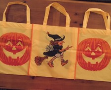 Lot Of 3 Vinyl Halloween Trick or Treat Candy Bags 2 Pumpkin 1 Witch 15X14” NEW